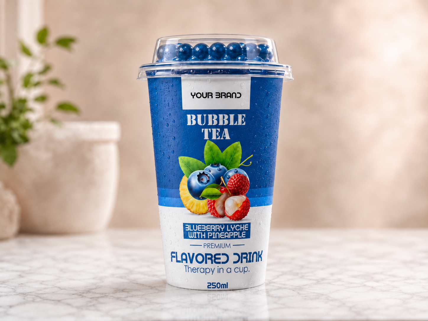 BUBBLE TEA Blueberry Lychee with Pineapple flavour in a 250ml cup.